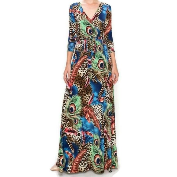 Janette Fashion Peacock Leopard Feathers Faux Wrap Maxi Dress - Picture 4 of 4